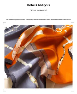 Detalle de bufanda de seda con estampado ecuestre en naranja y gris con tejido de sarga