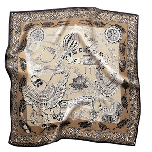 Elegant beige silk square scarf featuring ornate jewelry and feather prints for women