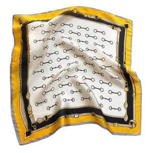 Luxury silk square scarf with classic horsebit and golden chain print in yellow and black