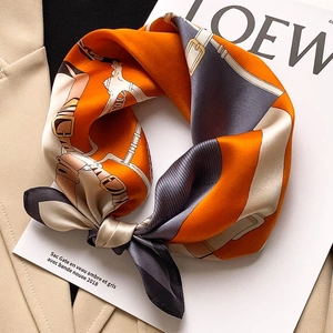 Women Mulberry Silk Square Scarf Vintage Equestrian Bridle Print Satin Neck Scarf Fashion Handkerchief Accessory