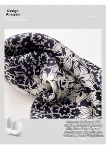 Dettaglio macro di sciarpa in seta blu navy con fiori e bozzoli decorativi in seta