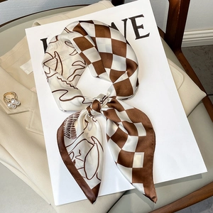French Retro Square Scarf Imitation Satin Checkerboard Abstract Portrait Line Art Neck Scarf Hair Band Accessory For Women