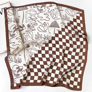 Classic checkered silk scarf with brown landscape art illustration and smooth texture