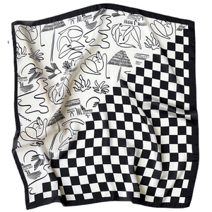 Artistic checkerboard silk scarf featuring black and white abstract beach illustration
