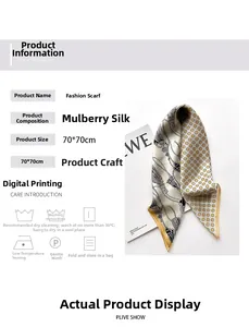 Silk scarf 70x70cm digital print with chain and floral pattern on white silk fabric