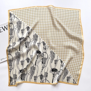 Silk square scarf with yellow border and elegant black white polka dot tassel design