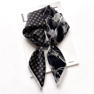 Retro silk square scarf with gold polka dots and classical rope patterns in black and white