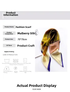Detail view of 70cm mulberry silk scarf showing digital print quality and care instructions