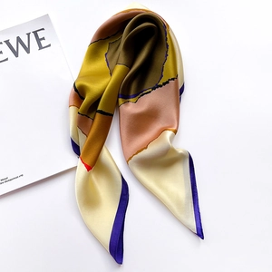 Silk feel square scarf with abstract color block patterns in ginger and brown