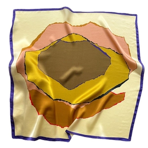 Silk square scarf with abstract color block pattern and purple border on white background