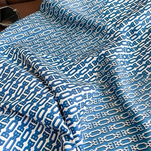 Elegant white silk square scarf with blue chain and letter B vintage print pattern