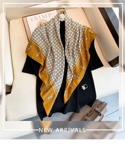 Detail of European vintage twill silk scarf with classical geometric pattern on knitwear