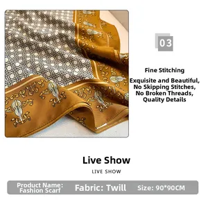 Close-up of fine hemmed edges on a 90x90cm twill silk scarf with baroque violin pattern