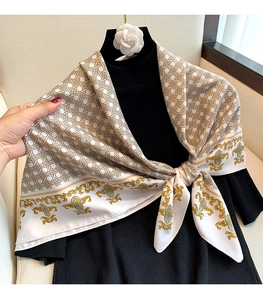 Detailed view of silk square scarf featuring baroque patterns and geometric grid textures