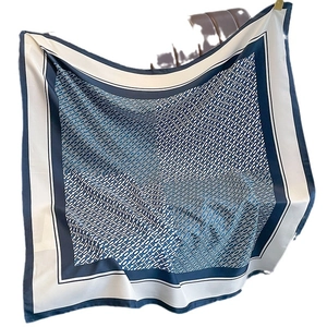 Fashion square silk scarf with navy blue chain pattern and vintage geometric print