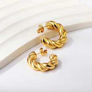 Chic 18K gold plated C-shaped twisted rope earrings in polished stainless steel for women