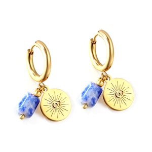 Boucles d'oreilles créoles dorées avec pierre de marbre bleu et breloques œil protecteur