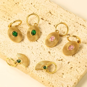 Vintage Gold Plated Stainless Steel Hoop Earrings Geometric Fan Oval Dangle Green Pink Gemstones For Women Retro
