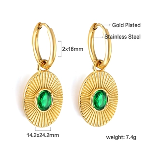Detailed view of gold plated stainless steel earrings with oval green stone insets