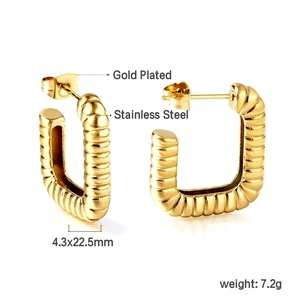 Textured gold-plated stainless steel rectangular hoop earrings with vintage ribbing