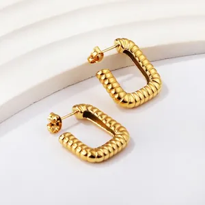Rectangular Hoop Earrings Gold Plated Stainless Steel Ribbed Geometric U-Shape Croissant Texture Stylish Jewelry For Women