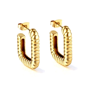 Golden rectangular U-shaped stainless steel earrings with textured hoop design