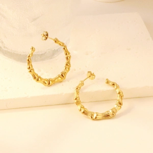 Bamboo Texture C Hoop Earrings 18K Gold Plated Stainless Steel Retro Minimalist Geometric Statement Jewelry For Women