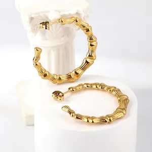 Minimalist 18K gold plated stainless steel C-shaped earrings with bamboo texture design