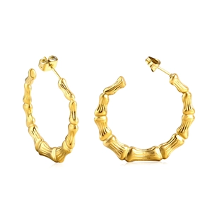Polished 18K gold plated stainless steel bamboo hoop earrings with retro C-shape design