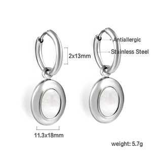 Detail view of silver stainless steel hoop earrings with oval shell inlay and measurements