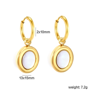 Detailed view of gold oval shell drop earrings with 2x10mm rings and 13x15mm pendants