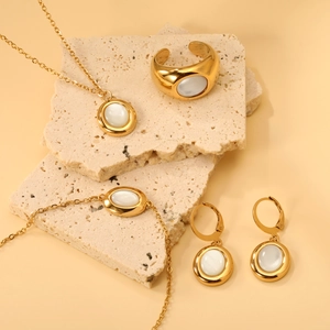 Necklace Earrings Bracelet Ring Stainless Steel Gold Plated White Shell Oval Pendant Minimalist Elegant High Polish Women