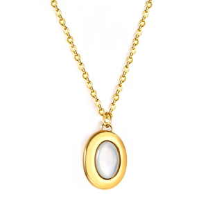 Elegant gold oval pendant necklace with white mother of pearl inlay on classic O-chain