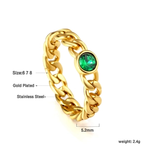 Detail view of gold-plated stainless steel chain ring with green zircon stone