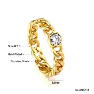 Macro shot of 5.2mm gold plated stainless steel chain ring with sparkling round zircon