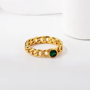 Cuban Link Chain Ring Gold Plated Stainless Steel Round Cubic Zirconia Retro Geometric Jewelry For Women