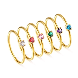 Set of six 18K gold plated stainless steel rings with colorful round zircon stones