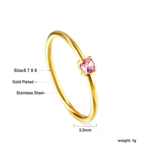 Detailed view of pink zircon ring in gold-plated stainless steel with size specs