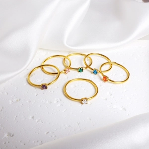 Set of 6 minimalist 18K gold-plated stainless steel rings with colorful zircon stones