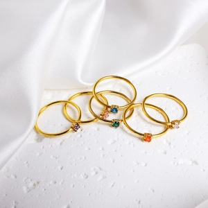 Set of six 18K gold plated stainless steel rings with colorful round zircon stones