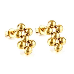 Polished gold beaded cluster stud earrings with metallic spheres and butterfly backs