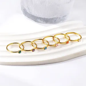 Set of six minimalist 18K gold plated stainless steel rings with colorful zircon stones