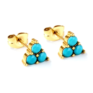 Golden triangle stud earrings with turquoise beads for a trendy fashion look