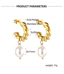 Détails de boucles d'oreilles en acier inoxydable doré avec des perles blanches