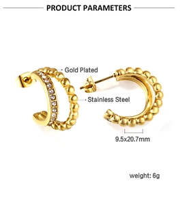 Detail of gold-plated stainless steel C-shaped earrings with CZ and beads 9.5x20.7mm