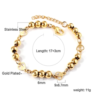 Bracelet à billes en acier inoxydable doré avec pendentif cœur et fermoir homard