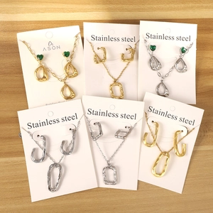 Stainless Steel Jewelry Heart Green Rhinestone Necklace And Earrings Asymmetric Molten Geometric Design For Women
