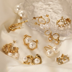 Boucles D'oreilles Künstliche Perles Baroques Acier Inoxydable Plaquées Or Clous Géométriques Bijoux Rétro Luxe Accessoires Femmes