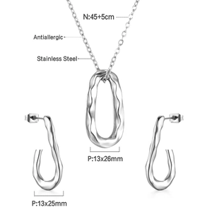 Detailed dimensions of stainless steel jewelry set with wavy texture and green crystals