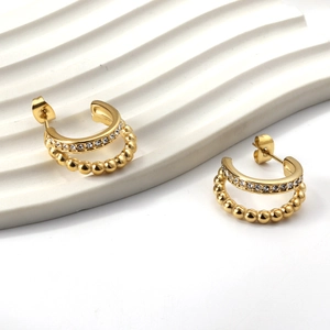Chic gold-plated C-shaped earrings with sparkling cubic zirconia and metallic beads